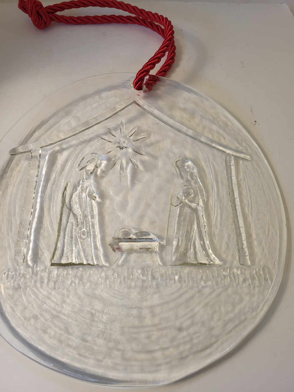 Vintage Glass Intaglio Nativity Hanging Ornament with Red Cord 7"